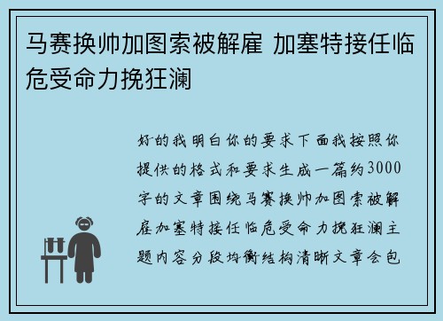 马赛换帅加图索被解雇 加塞特接任临危受命力挽狂澜 马赛换帅加图索被解雇 加塞特接任临危受命力挽狂澜