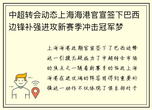 中超转会动态上海海港官宣签下巴西边锋补强进攻新赛季冲击冠军梦